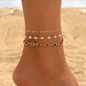 SHEIN Gold Stacked Anklet Set with Multicolor Stones and Pearls